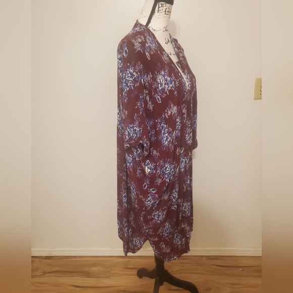 Angie | Burgundy with Blue Floral Print Bohemian Gypsy Kimono - Size: Large - Picture 2 of 9